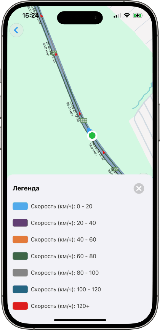 Кнопка «i» отображает цветовую градацию скорости. Ее можно настроить в веб-интерфейсе
